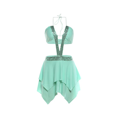 DLS summer halter backless sequin stitching sheath dress