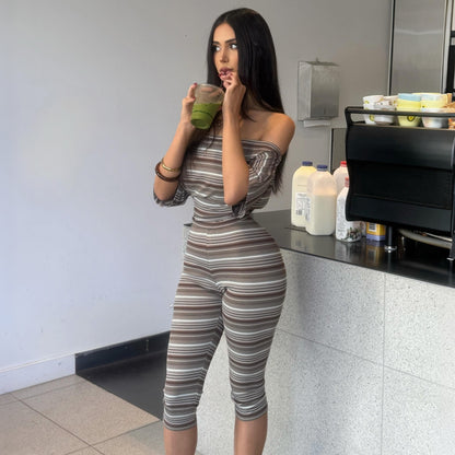 DLS summer stripes tube top off-shoulder short sleeve skinny knee length pants suit
