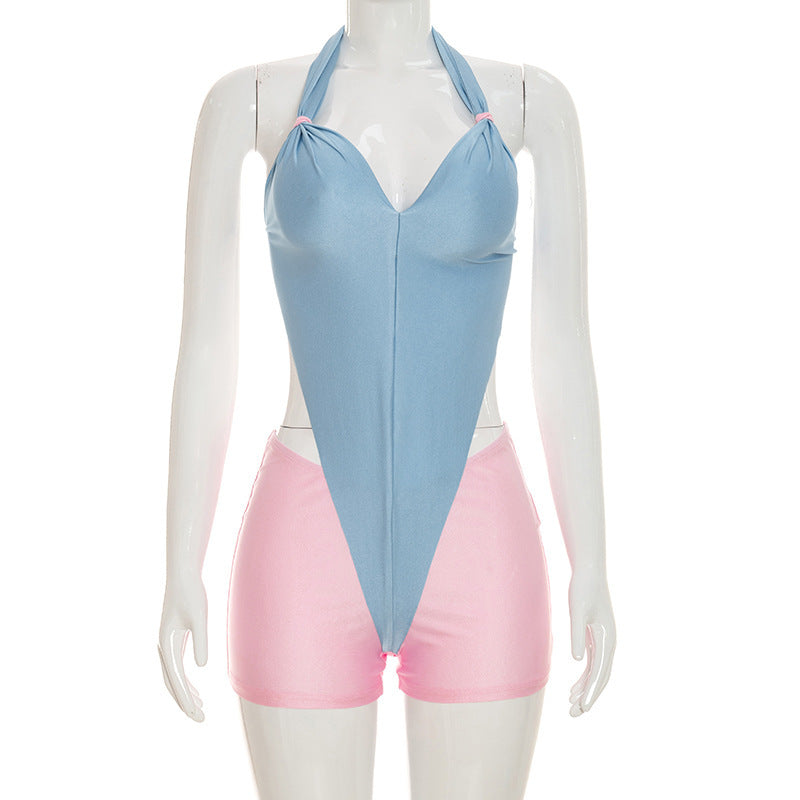 DZHT Q26RP045 summer slim fit halter backless contrast color one-piece shorts