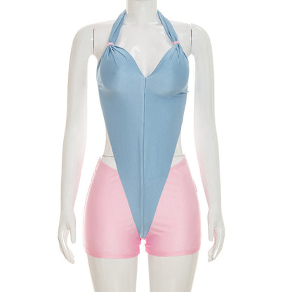 DZHT Q26RP045 summer slim fit halter backless contrast color one-piece shorts