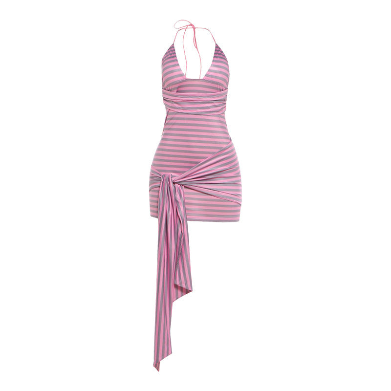 DLS summer halter backless striped printed sheath dress