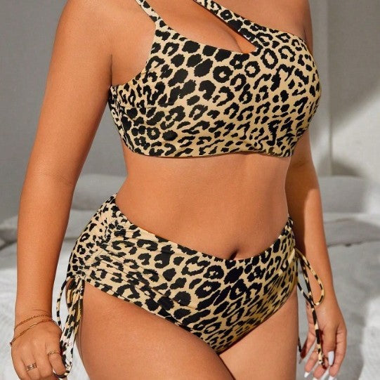 CL (L-4XL) oblique shoulder leopard print plus size swimsuit women's split high waist two-piece bikini