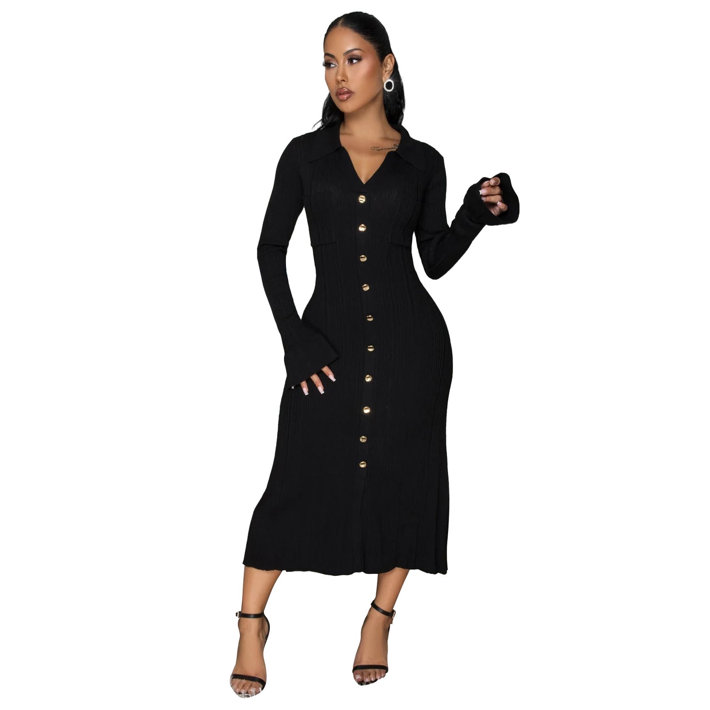 MYF (S-2XL) 10913V collar dress single-breasted long sleeve dress