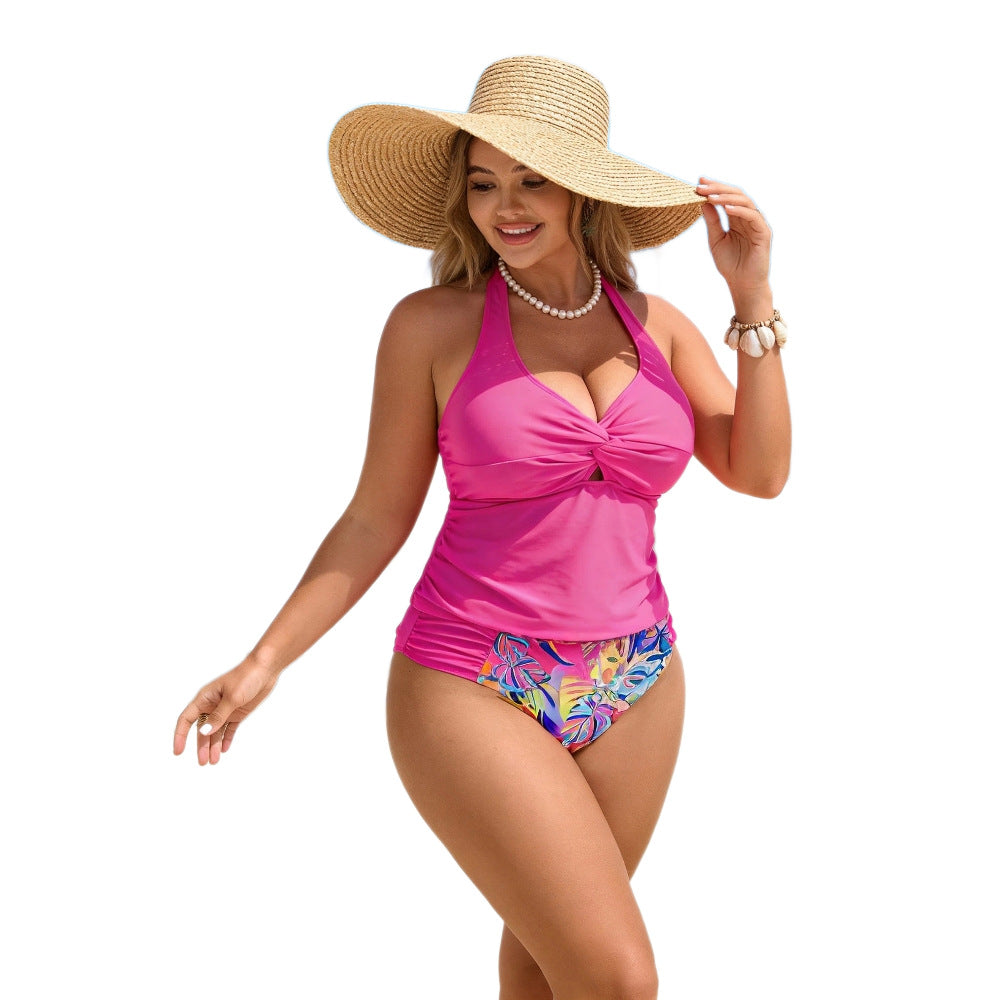 CL (L-4XL) 2026 plus size swimsuit women's halter bikini tropical printing high waist swimsuit two-piece