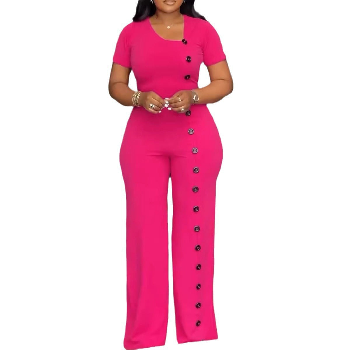 GY (S-3XL) S10893 irregular neckline tight waist wide leg breasted jumpsuit