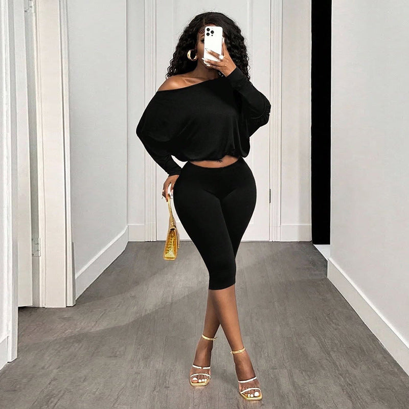DZHT Q26ST123 simple shoulder loose top high waist cropped pants suit