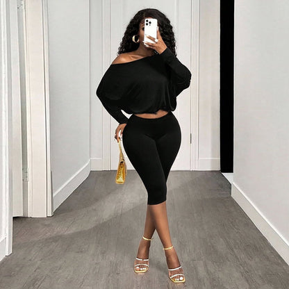 DZHT Q26ST123 simple shoulder loose top high waist cropped pants suit