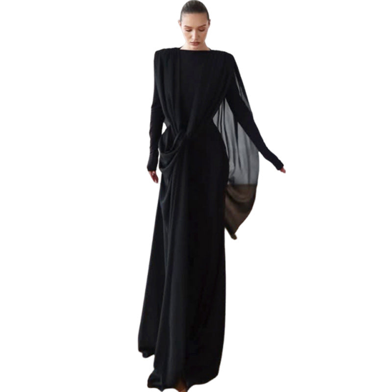 SXR autumn and winter irregular mesh long dress solid color dress