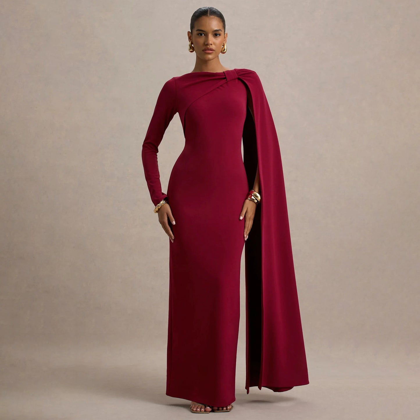 MYF (S-2XL) 10897 one-shoulder ribbon evening dress long sleeve narrow dress