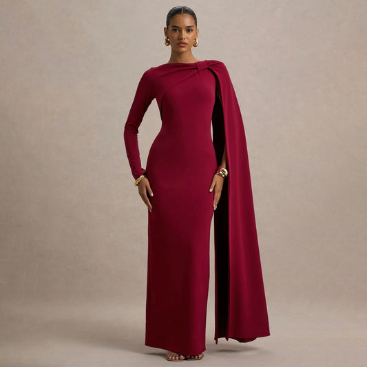 MYF (S-2XL) 10897 one-shoulder ribbon evening dress long sleeve narrow dress