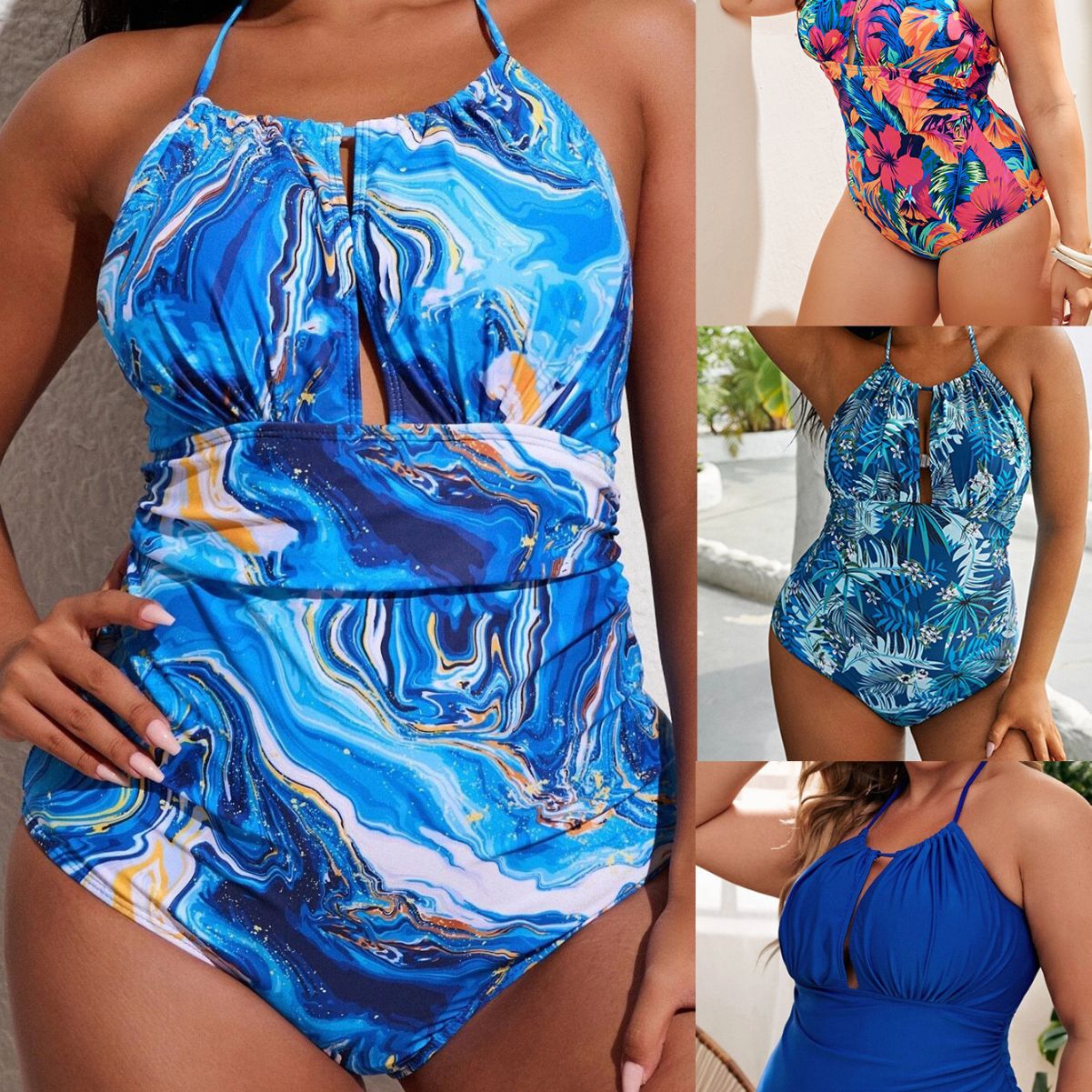 LF (L-4XL) 2026 swimsuit women's Siamese triangle printed plus size