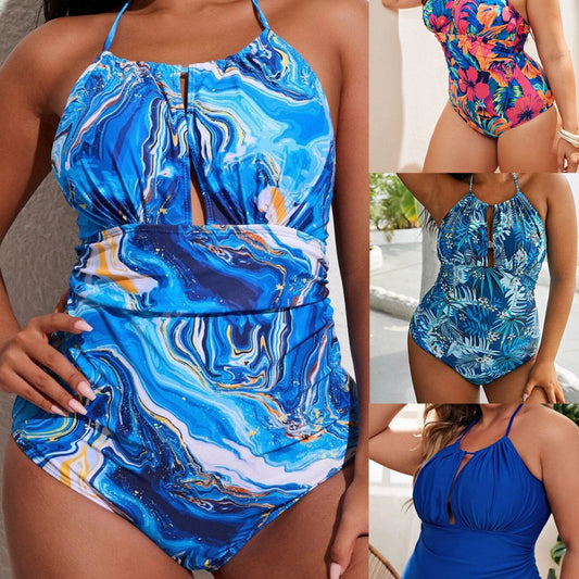 LF (L-4XL) 2026 swimsuit women's Siamese triangle printed plus size