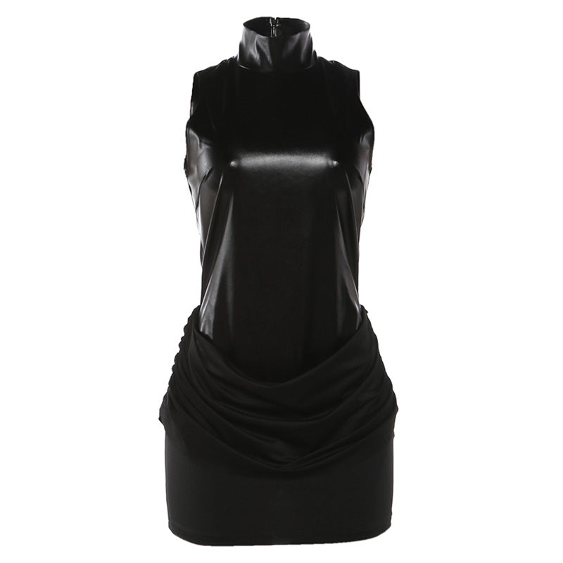 SXR 2026 spring fashion PU leather stitching ruffle turtleneck dress