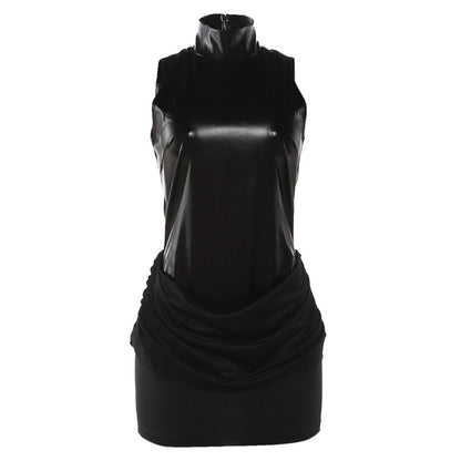 SXR 2026 spring fashion PU leather stitching ruffle turtleneck dress
