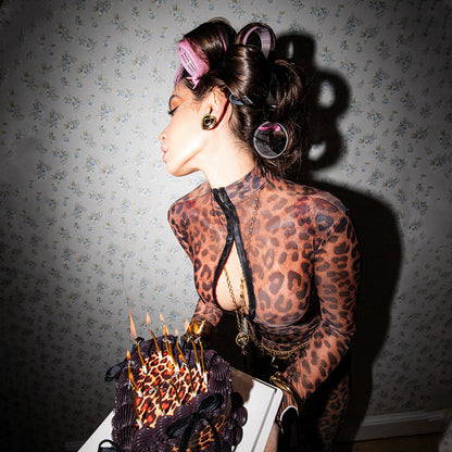 SXR winter leopard print top high waist bootcut pants suit