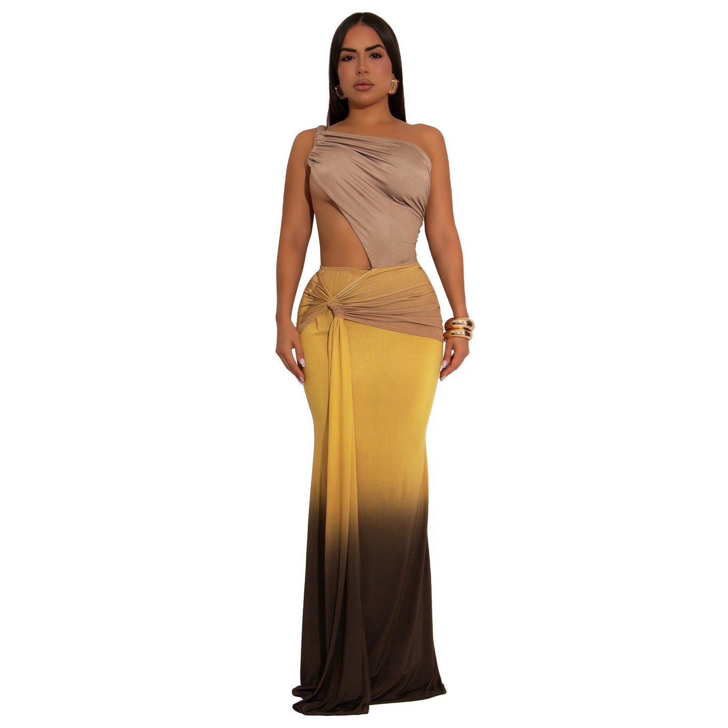 MYF (S-2XL) 10877 midriff outfit gradient dress one-shoulder dress summer