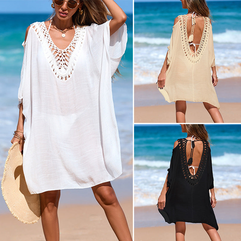 CYB loose hand crocheting V-neck patchwork medium backless lace up blouse