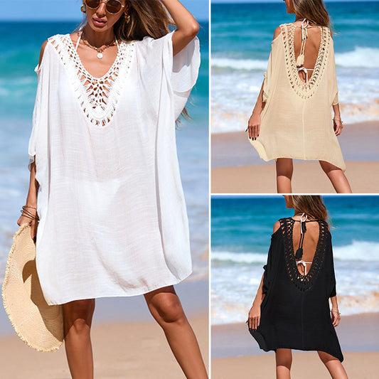 CYB loose hand crocheting V-neck patchwork medium backless lace up blouse