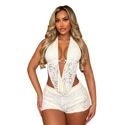 DZHT J26ST162 lace draped collar halter backless top slim shorts two-piece suit