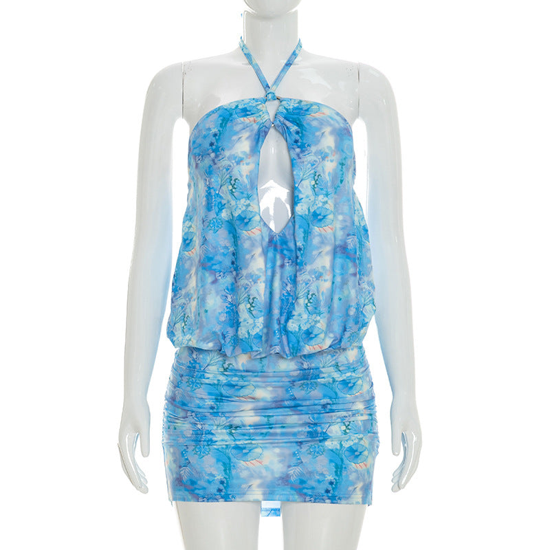 DZHT D26DS099 pure color halter lace-up cutout Bud sheath jumpsuit skirt