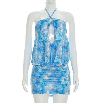 DZHT D26DS099 pure color halter lace-up cutout Bud sheath jumpsuit skirt