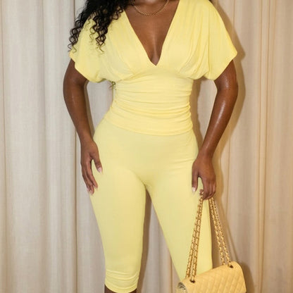DZHT J26ST224V collar pleated half sleeve top tight cropped pants two-piece suit