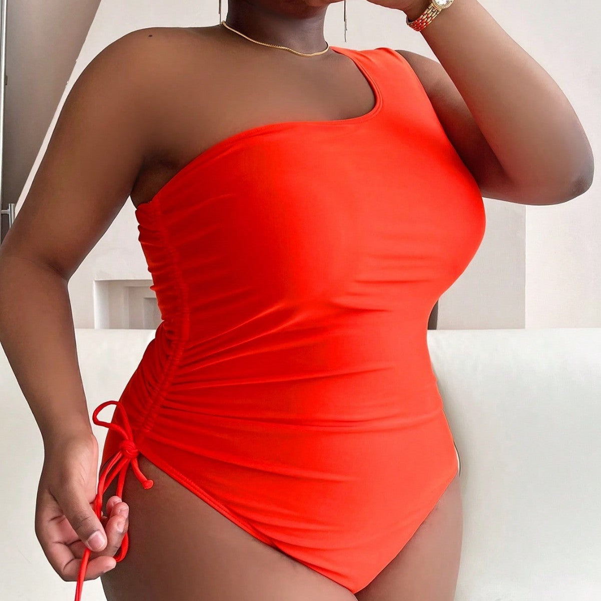 LF (L-4XL) 2026 plus size one-piece solid color high-elastic swimsuit
