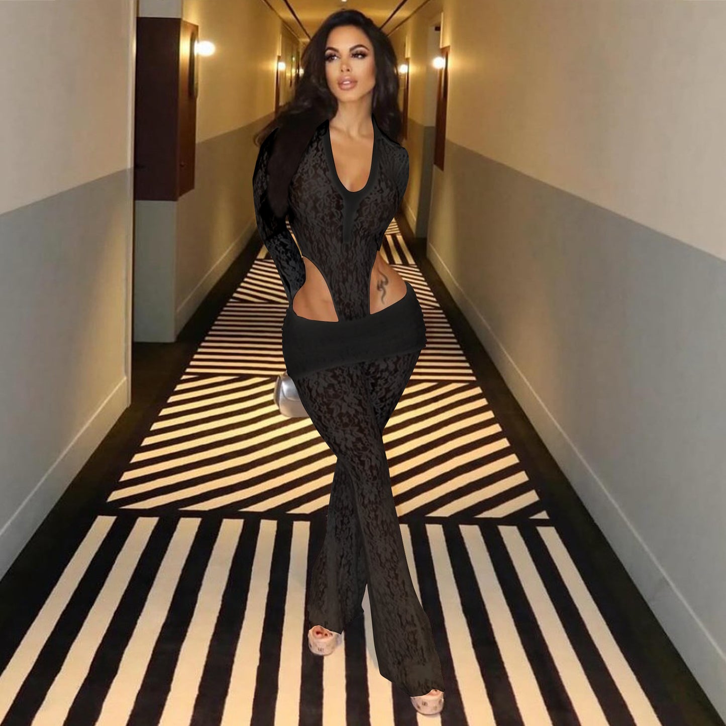 MYF (S-2XL) 10835 see-through jumpsuit lace two-piece set