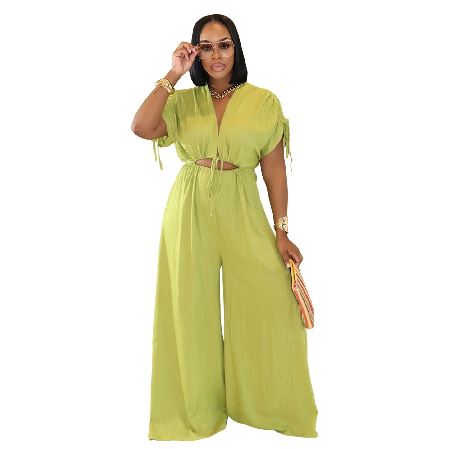 XYZ C7388 casual V-neck lace-up wide-leg jumpsuit