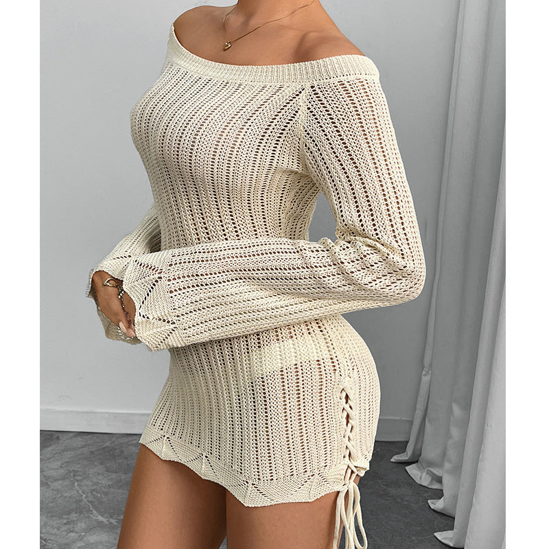 CYB off-shoulder knitted dress long sleeve hip skirt drawstring blouse