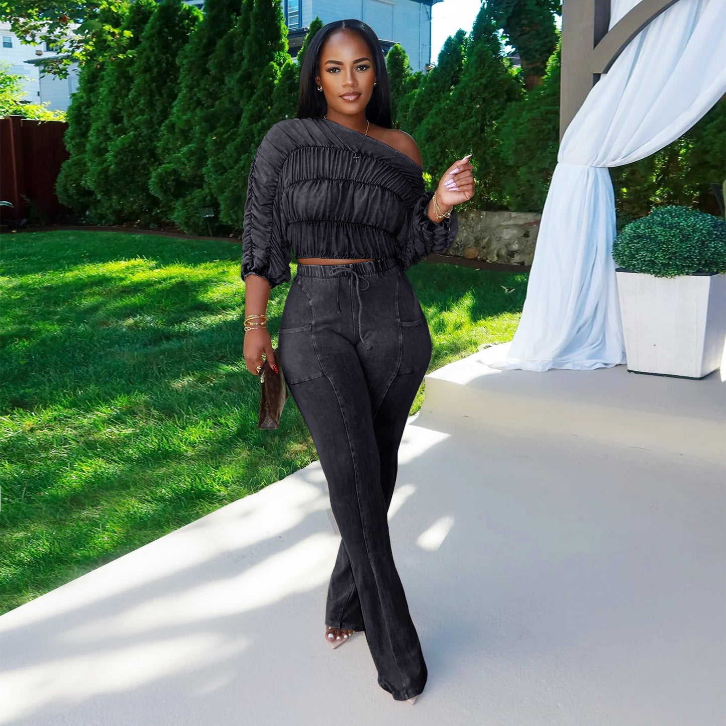 XYZ C7568 casual shoulder long sleeve top and trousers two-piece set