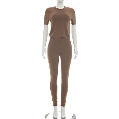 DZHT D26ST129 solid color round neck short sleeves T-shirt top tight trousers two-piece suit