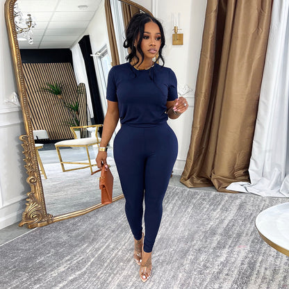 DZHT D26ST129 solid color round neck short sleeves T-shirt top tight trousers two-piece suit