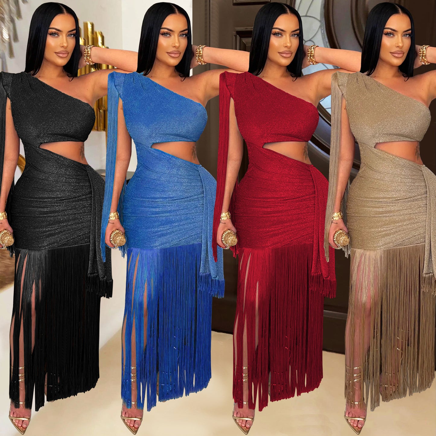XYZ C7428 casual shoulder tassel maxi dress