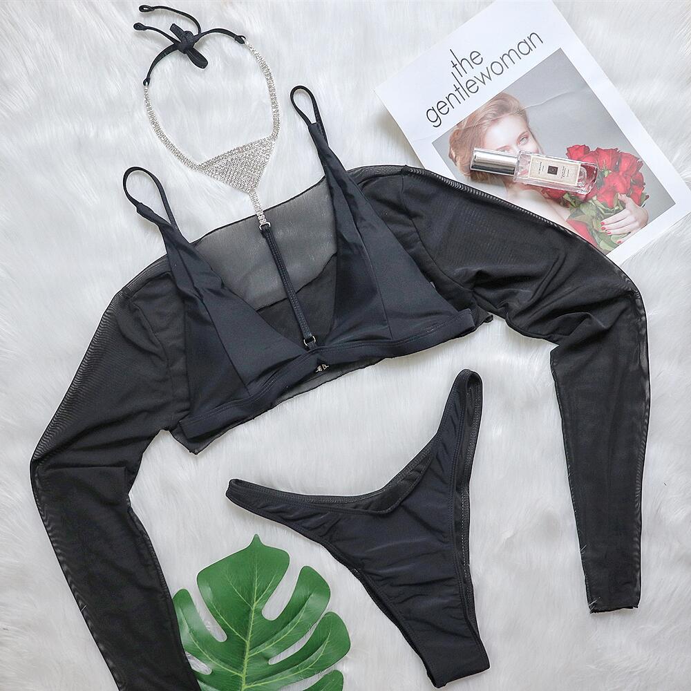Bikini sexy luxury crystal diamond necklace blouse three-piece set