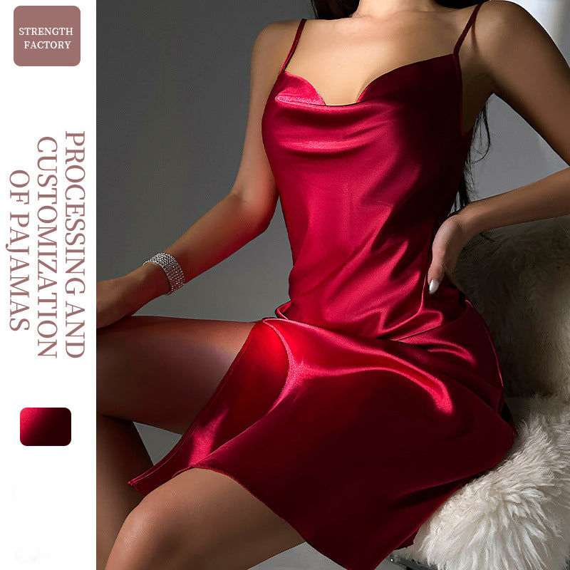 DNL split suspender skirt mid-length silk nightdress women's artificial silk backless suspender pajamas