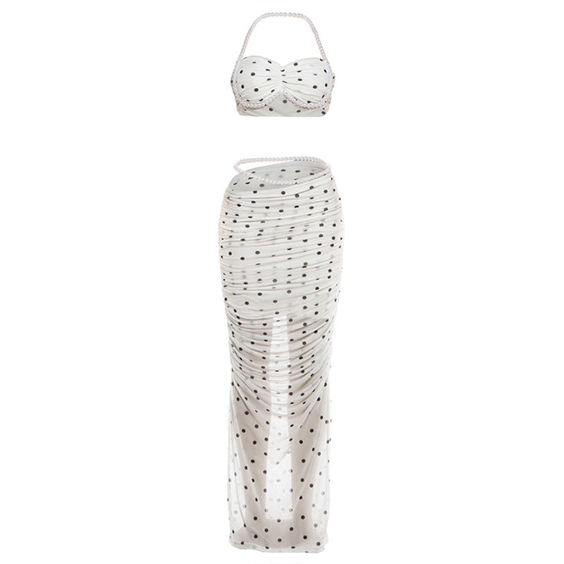 SXR K6S07980A Pearl exposed navel halterneck vest slim fit long dress polka dot set