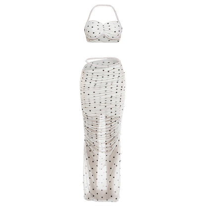 SXR K6S07980A Pearl exposed navel halterneck vest slim fit long dress polka dot set