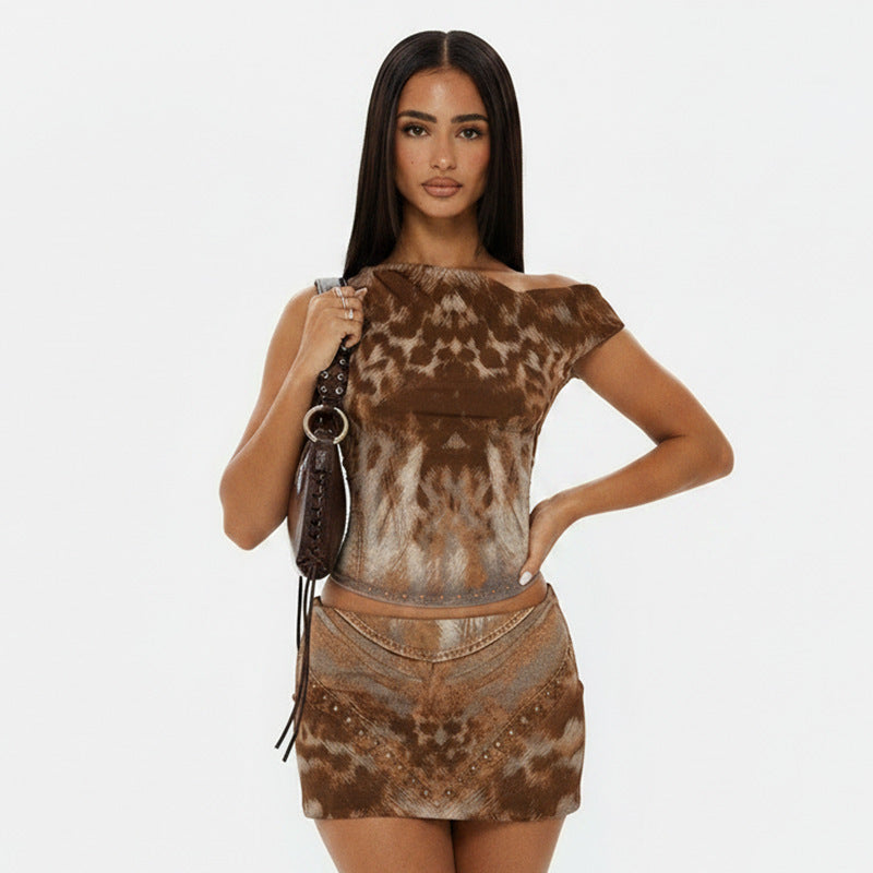 DZHT J26ST212 shoulder sleeveless top hip skirt leopard print printed two-piece suit