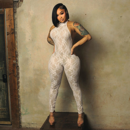 DLS Spring 2026 lace halter backless sexy tight hip-lifting jumpsuit
