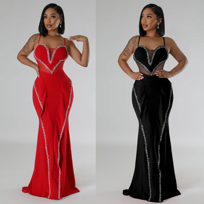 GY (S-2XL) K3161 rhinestone mesh see-through stitching lace hip spaghetti straps dress