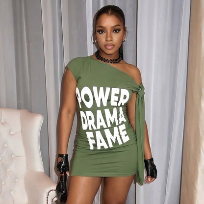 DZHT J26DS180 slim-fit off-shoulder letter print mini dress