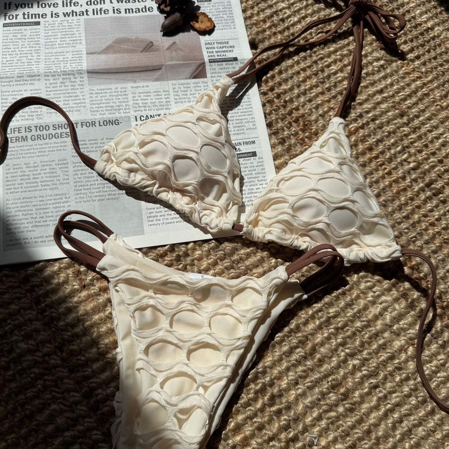(4 days ready to ship) SY backless mesh stitching drawstring strap split bikini