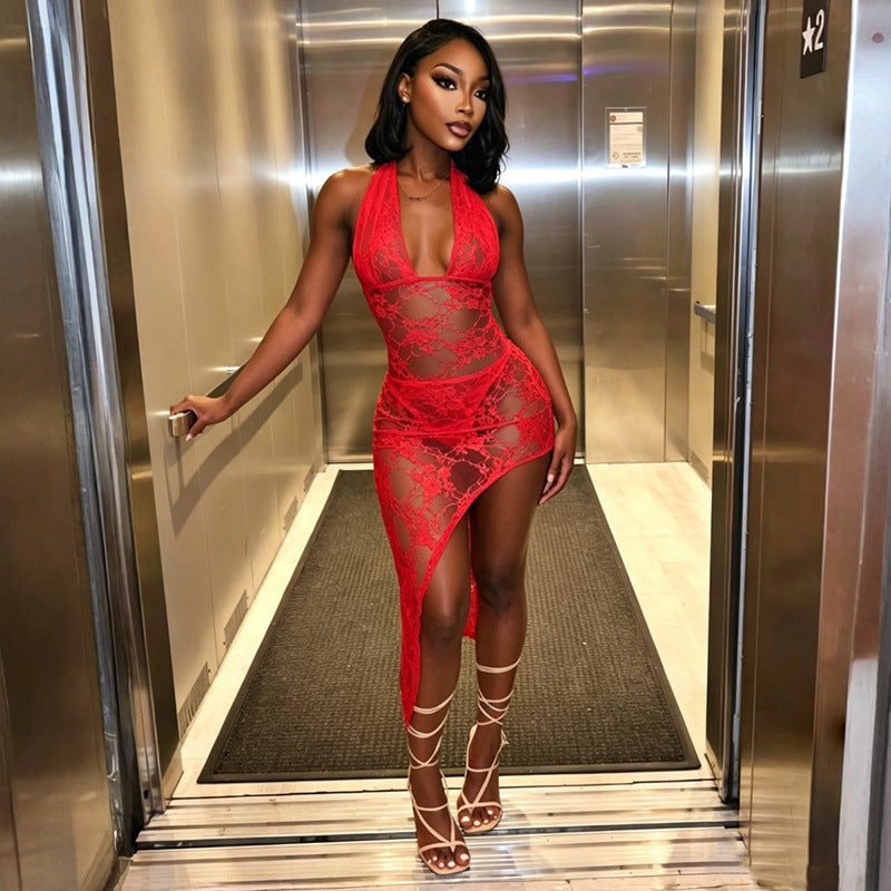 DZHT J26ST221 halter lace up lace jumpsuit mid-length dress set