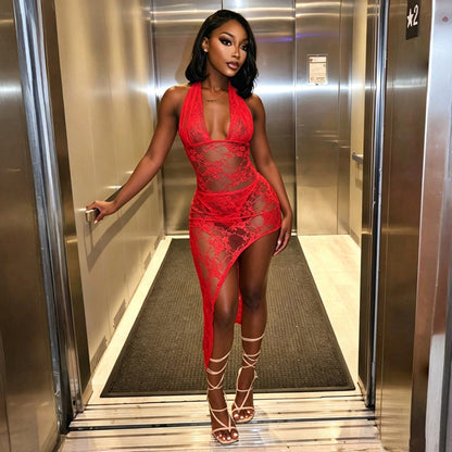 DZHT J26ST221 halter lace up lace jumpsuit mid-length dress set