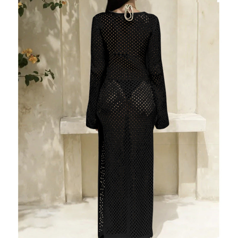 CYB beach dress long sleeve sun protection clothing side slit knitted dress