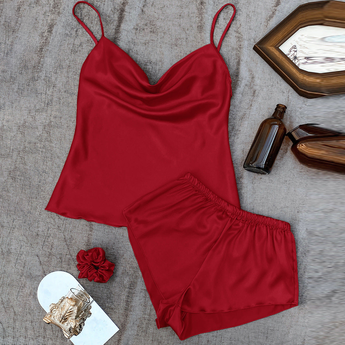 DNL pure color Ice Silk suspender shorts suit lightweight two-piece set