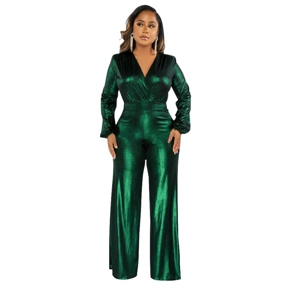 MYF (S-2XL) K10317 autumn V lantern sleeve gilding one-piece