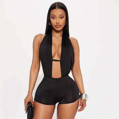 DZHT D26RP037 spring halter bare back one-piece shorts