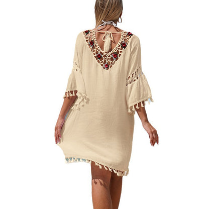 CYB V-neck tassel beach dress rose embellished hand crocheting patchwork loose blouse